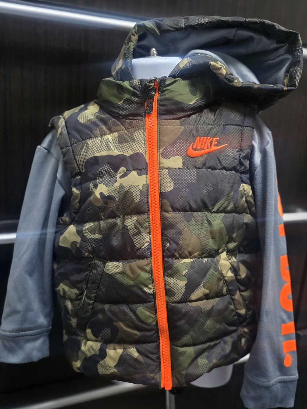Nike Kids Camo Puffer Vest with Orange Trim